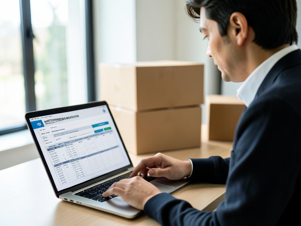 Person reviewing an international moving cost estimate beside packed boxes
