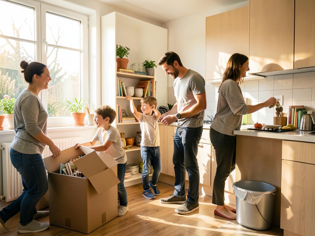 Expat family unpacking boxes and settling into their new home abroad