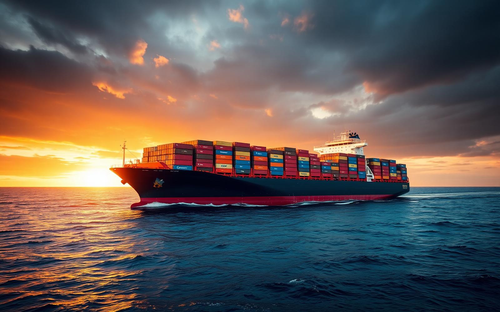 Container ship crossing the Atlantic at sunset