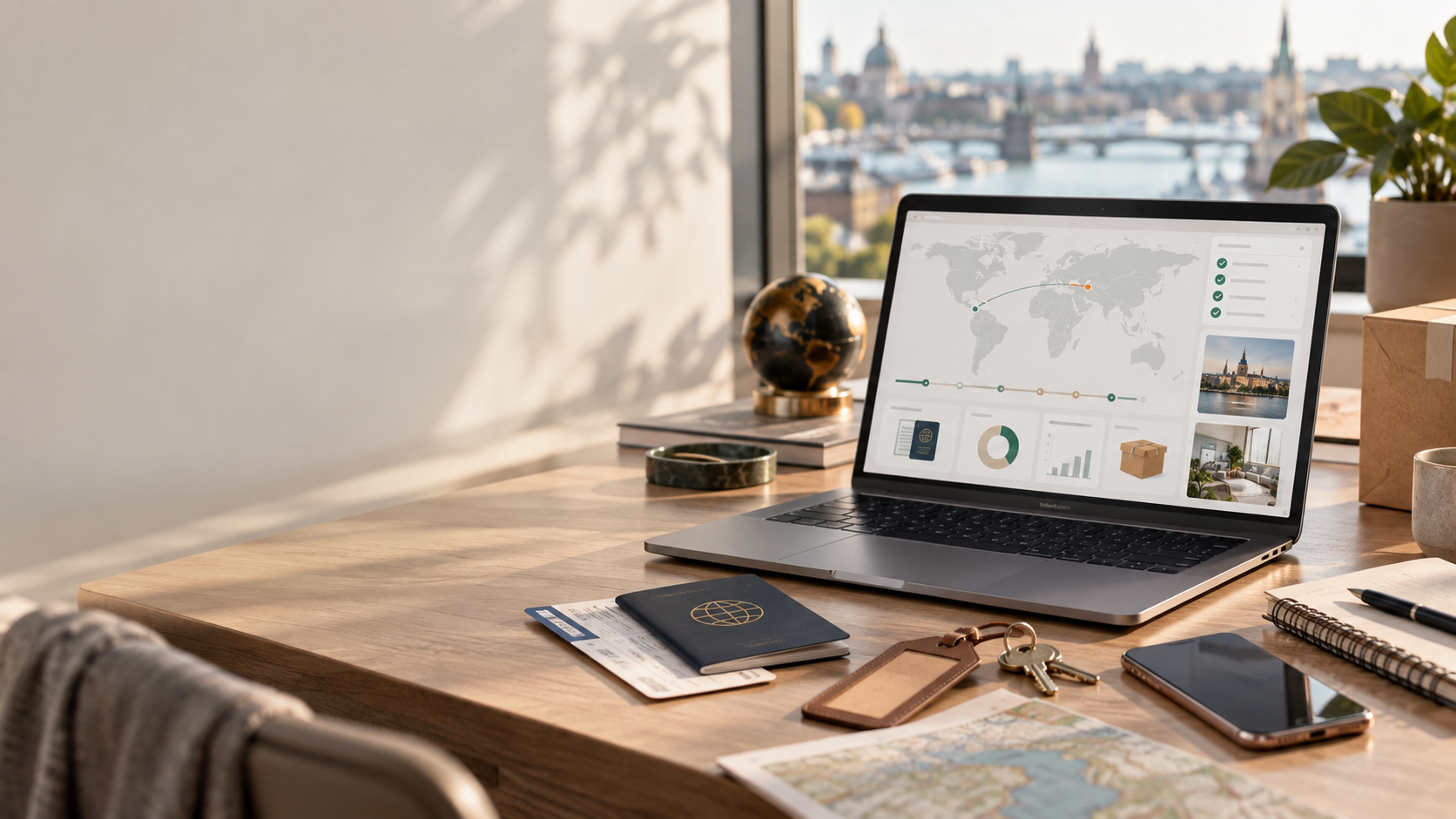 A relocation plan open on a laptop beside a passport, boarding pass, keys and a map on a sunlit desk