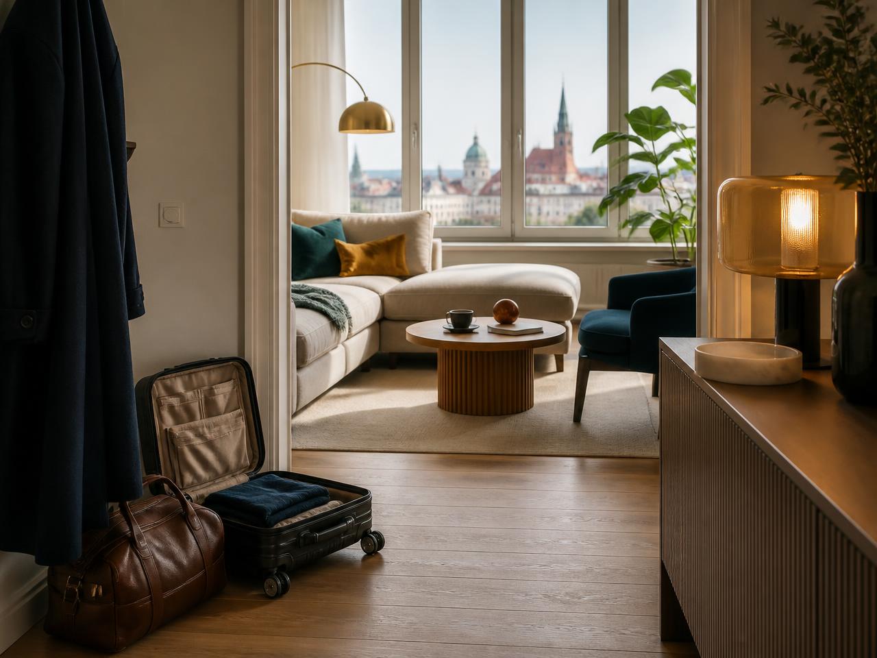 Bright furnished expat apartment with a sofa and city view, a suitcase by the entrance hinting at a recent arrival